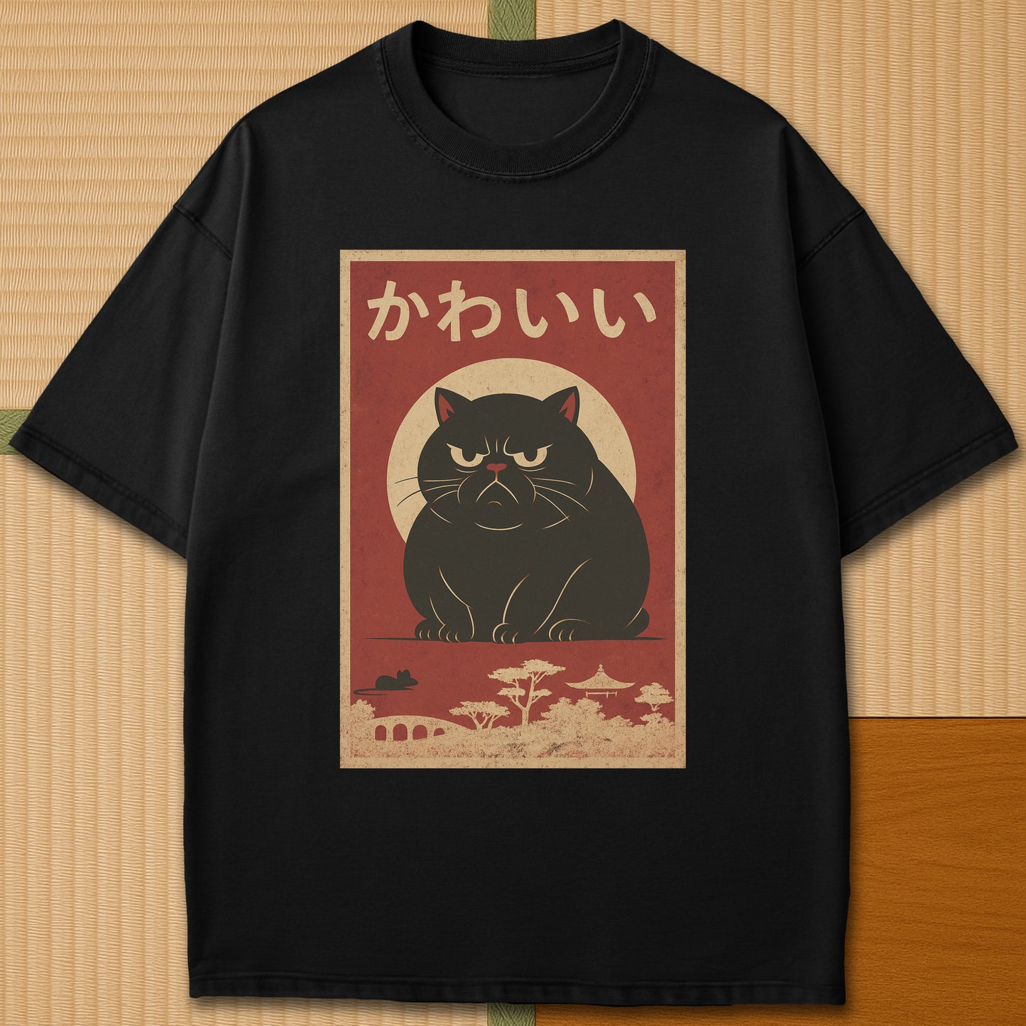 Japanese-inspired cotton Kawaii Rage Cat T-Shirt in Black on Comfort Colors 1717, styled in a modern flatlay scene.