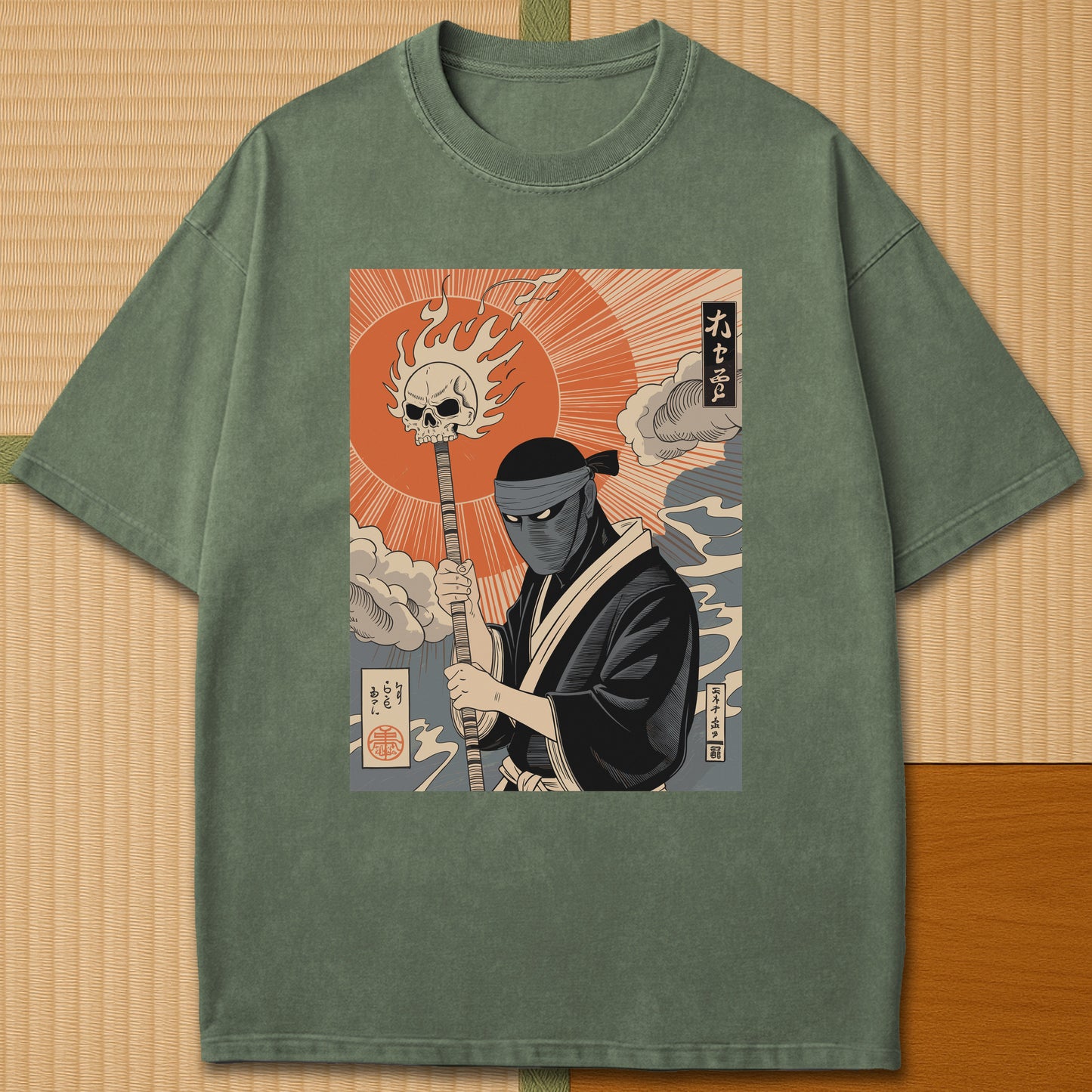 Japanese-inspired cotton Burnt Sun Ninja Vintage Japanese Folklore T-Shirt in Moss on Comfort Colors 1717, styled in a modern flatlay scene.