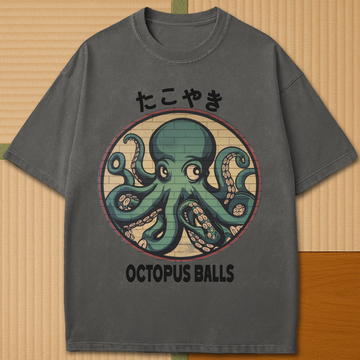 Japanese-inspired cotton Octopus Balls T-Shirt in Pepper on Comfort Colors 1717, styled in a modern flatlay scene.