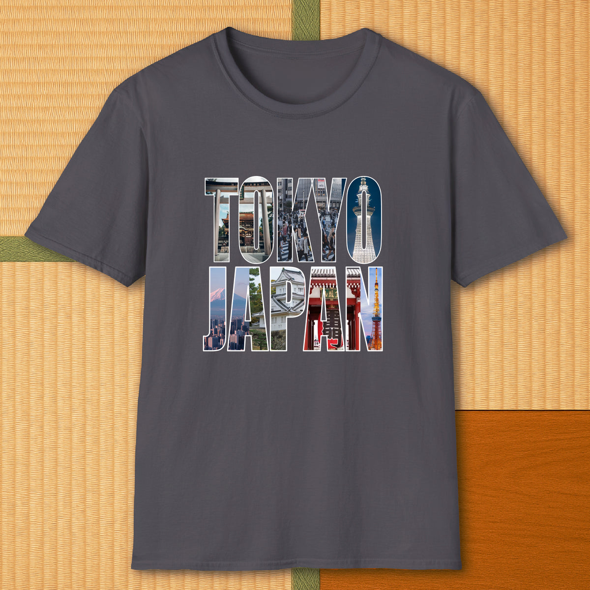 Japanese-inspired cotton Tokyo T-Shirt in Charcoal on Gildan 64000, styled in a modern flatlay scene