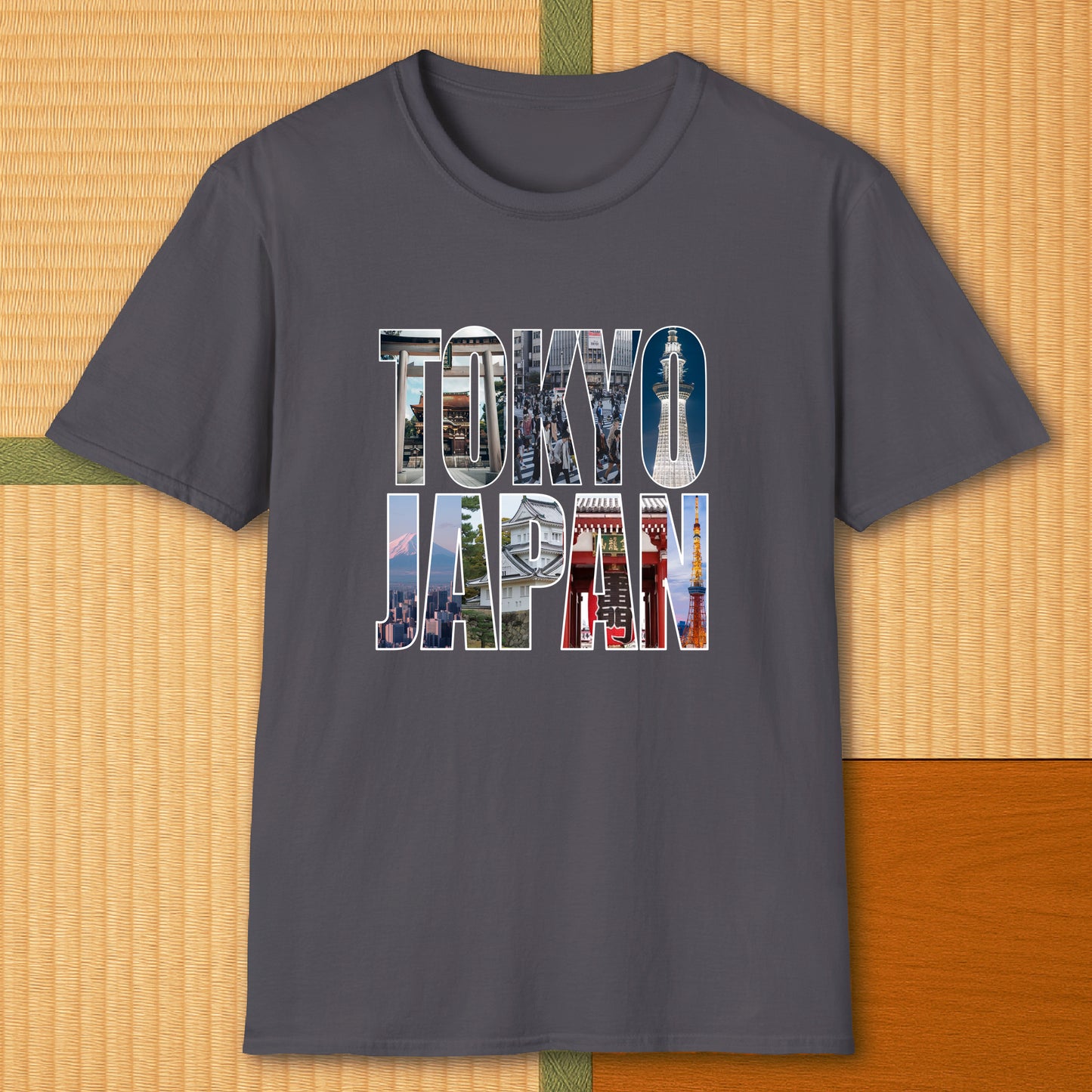 Japanese-inspired cotton Tokyo T-Shirt in Charcoal on Gildan 64000, styled in a modern flatlay scene