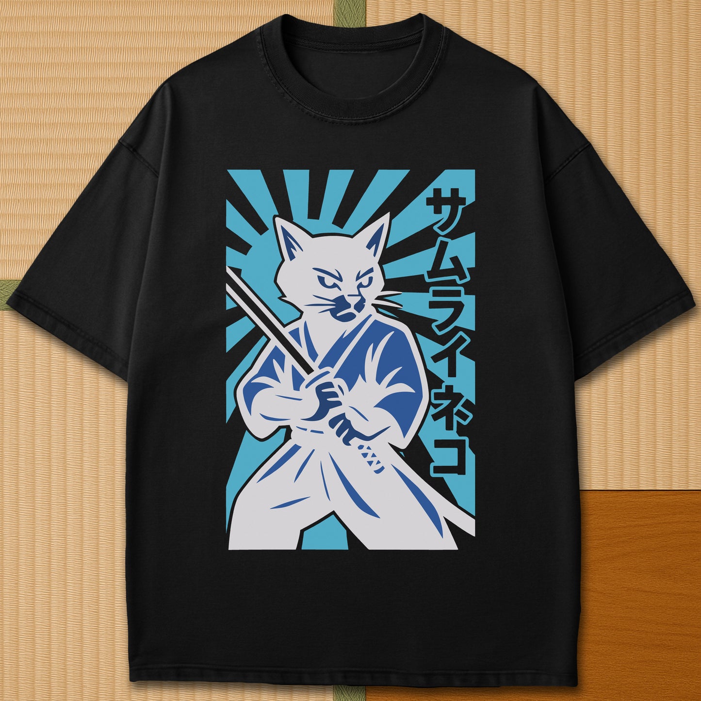 Japanese-inspired cotton Samurai Neko Rising T-Shirt in Black on Comfort Colors 1717, styled in a modern flatlay scene.