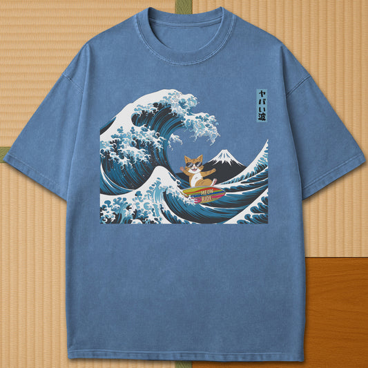 Japanese-inspired cotton Meow Ride T-Shirt in Blue Jean on Comfort Colors 1717, styled in a modern flatlay scene.