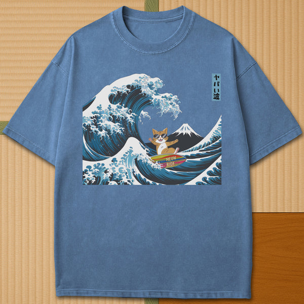 Japanese-inspired cotton Meow Ride T-Shirt in Blue Jean on Comfort Colors 1717, styled in a modern flatlay scene.