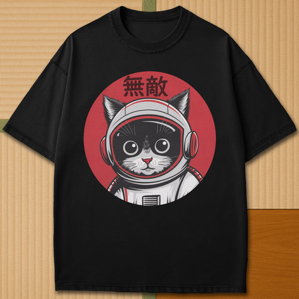 Japanese-inspired cotton Invincible Space Cat T-Shirt in Black on Comfort Colors 1717, styled in a modern flatlay scene.