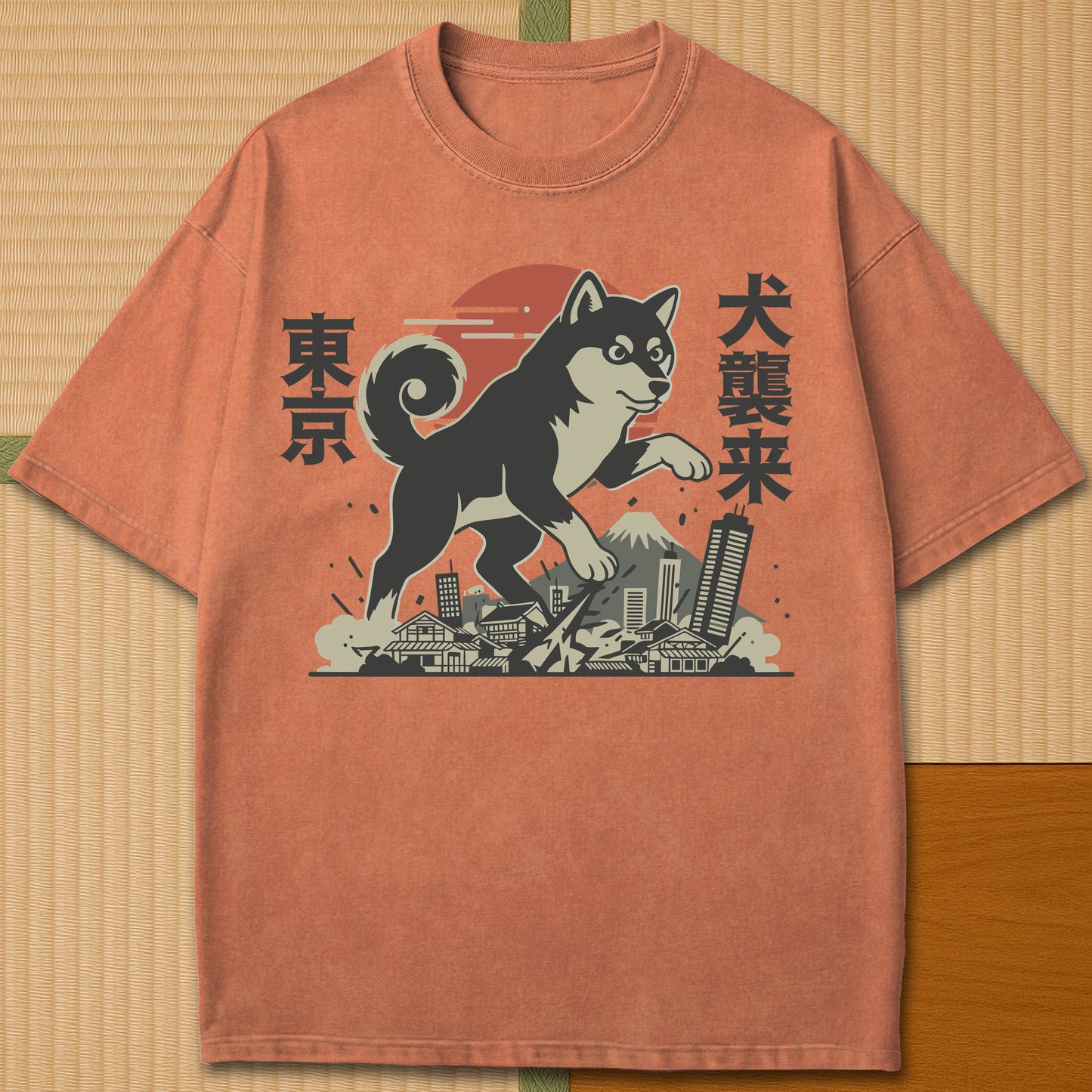 Japanese-inspired cotton Terror Dog Invades Tokyo T-Shirt in Yam on Comfort Colors 1717, styled in a modern flatlay scene.