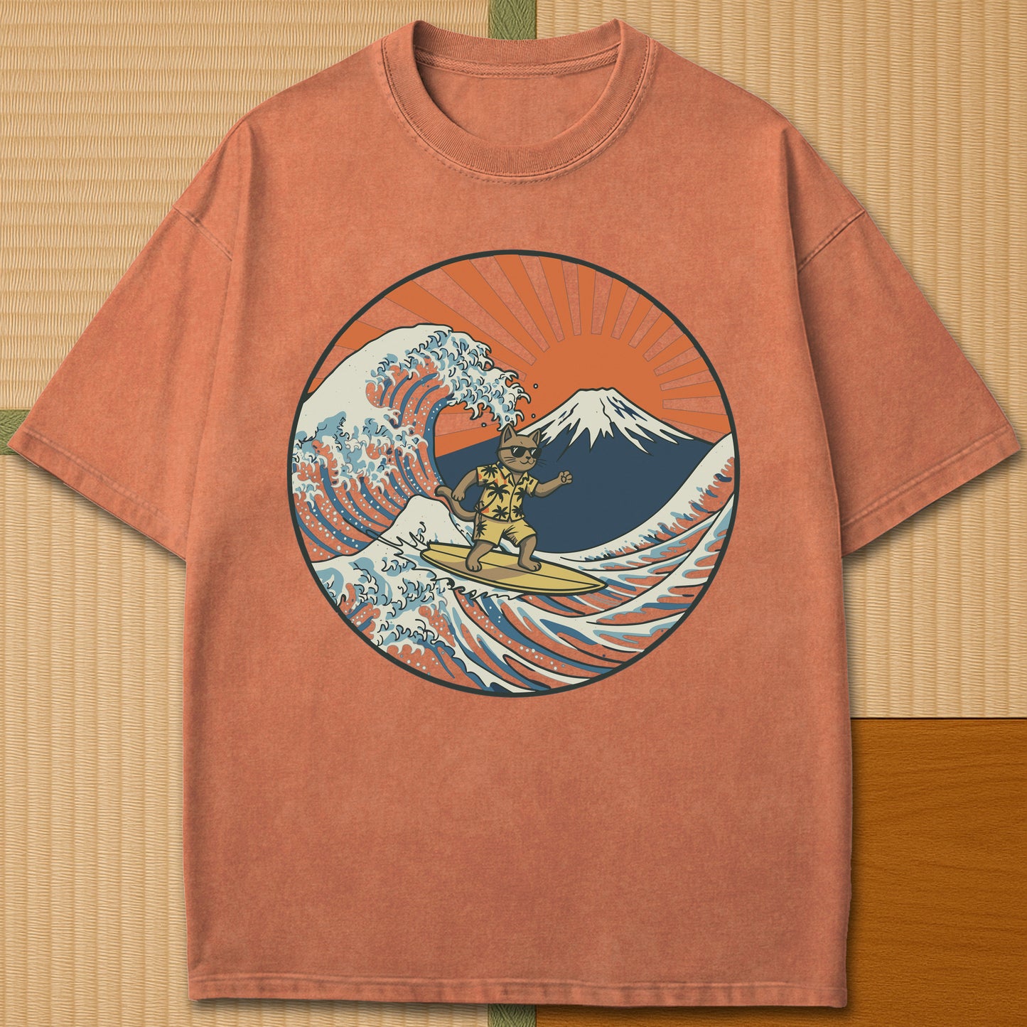Japanese-inspired cotton Surfing Neko Retro Wave Cat Vs Mt Fuji Sunset T-Shirt in Yam on Comfort Colors 1717, styled in a modern flatlay scene.