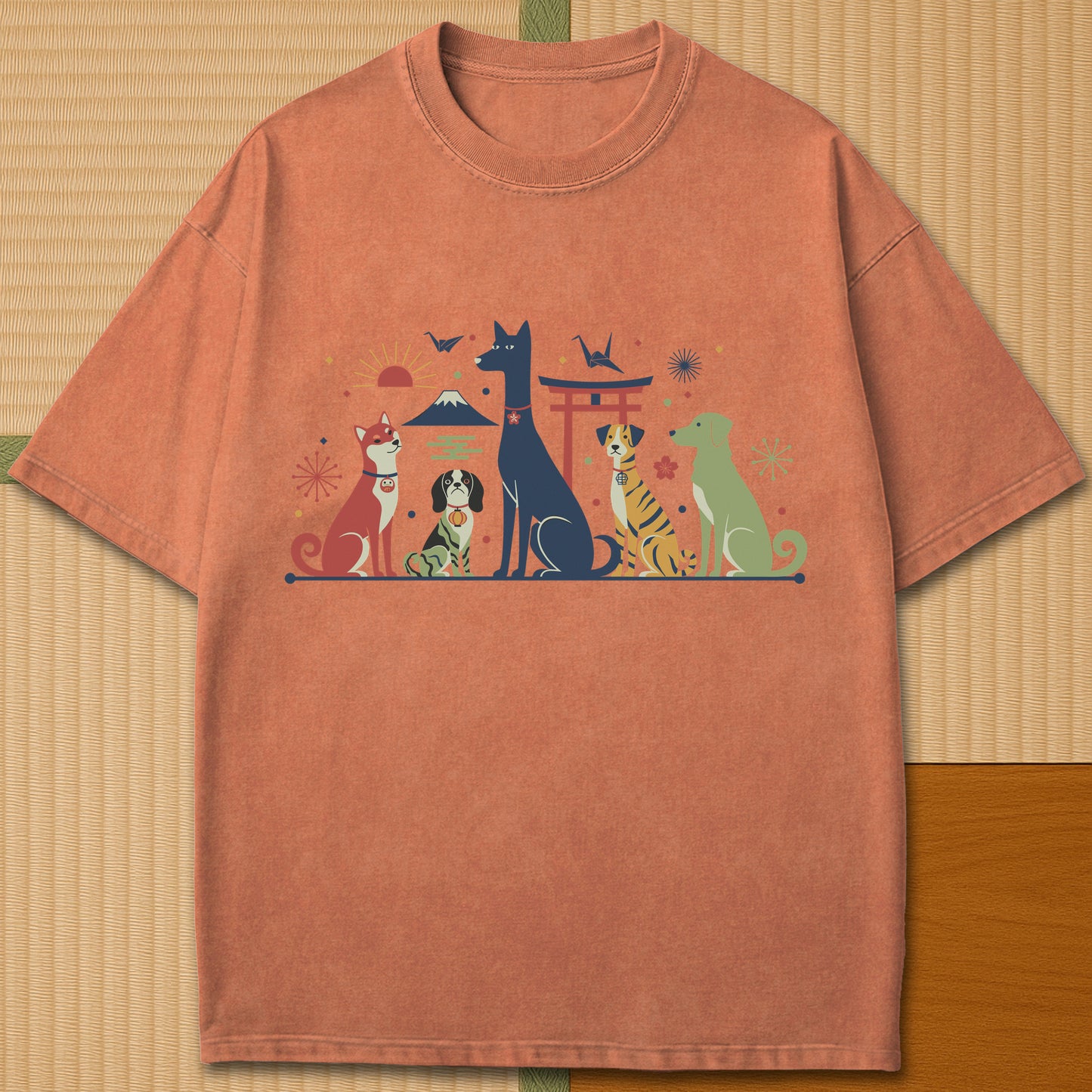 Japanese-inspired cotton Mid Century Retro Japanese Dogs T-Shirt in Yam on Comfort Colors 1717, styled in a modern flatlay scene.