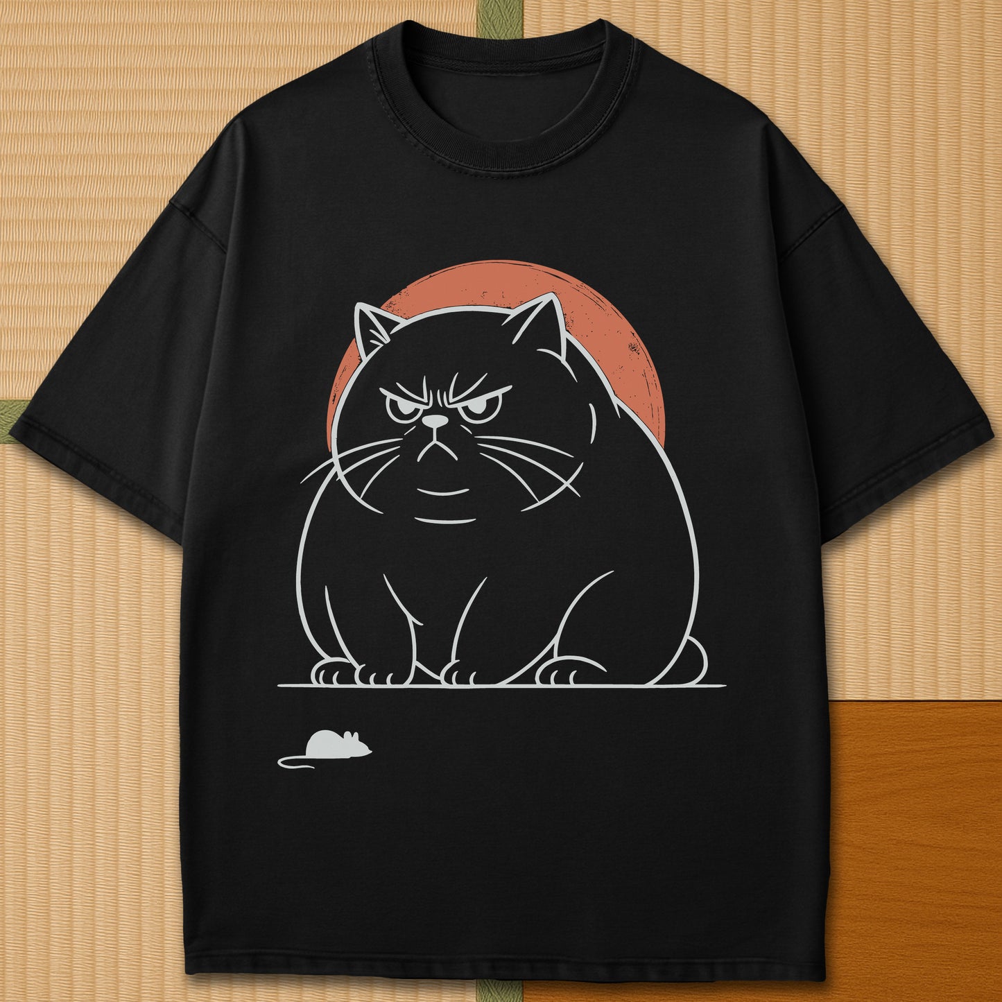Japanese-inspired cotton Grumpy Cat Standoff T-Shirt in Black on Comfort Colors 1717, styled in a modern flatlay scene.