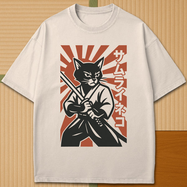 Japanese-inspired cotton Samurai Neko Rising T-Shirt in Ivory on Comfort Colors 1717, styled in a modern flatlay scene.