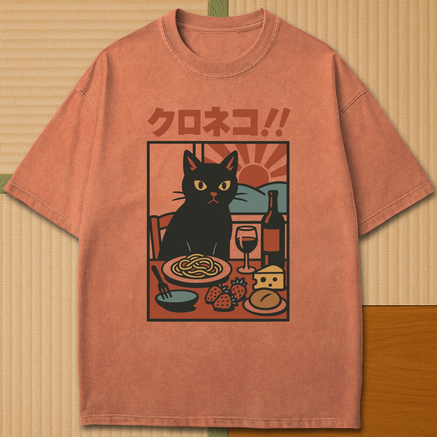 Japanese-inspired cotton Sunset Supper Cat T-Shirt in Yam on Comfort Colors 1717, styled in a modern flatlay scene.