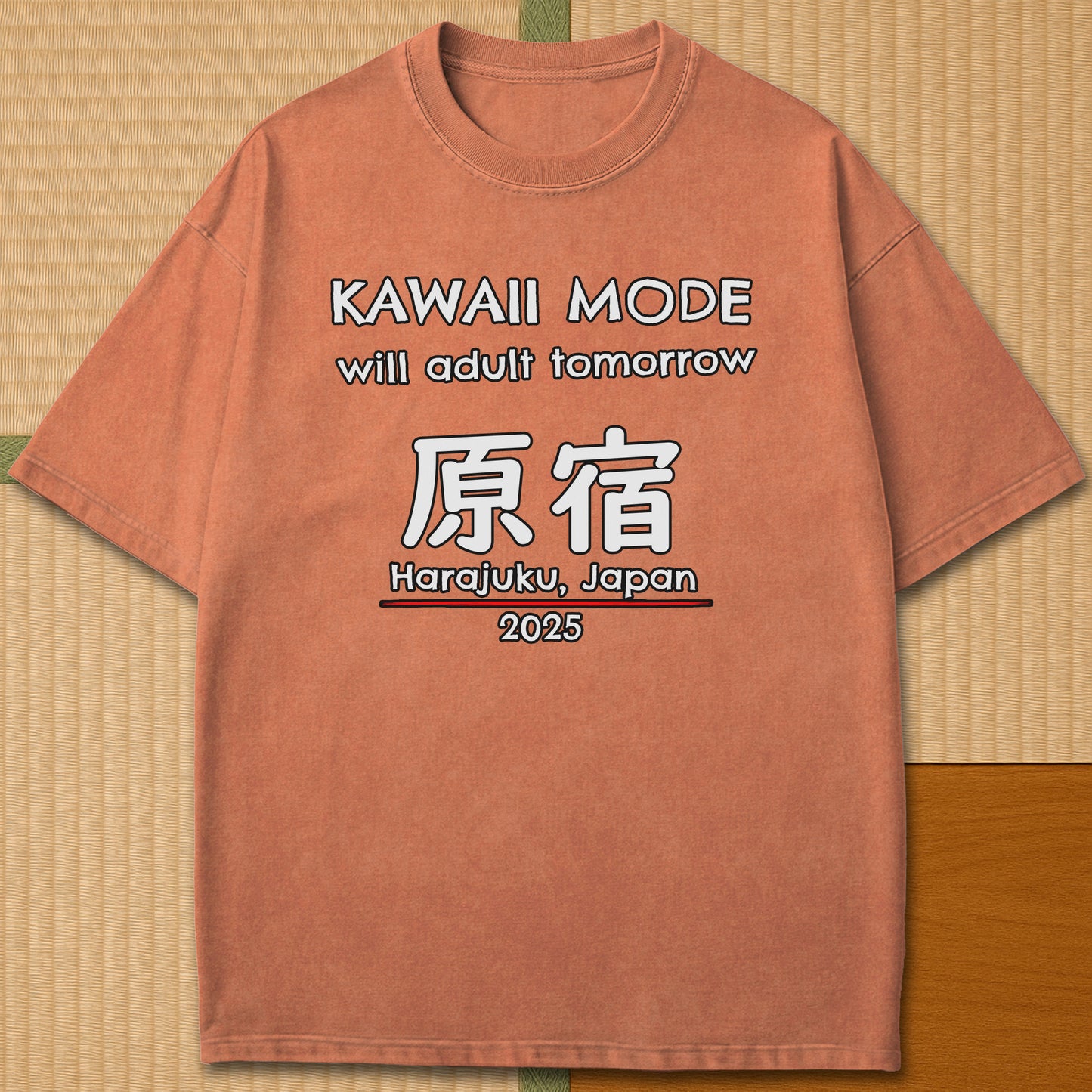 Japanese-inspired cotton Kawaii Harajuku T-Shirt in Yam on Comfort Colors 1717, styled in a modern flatlay scene.