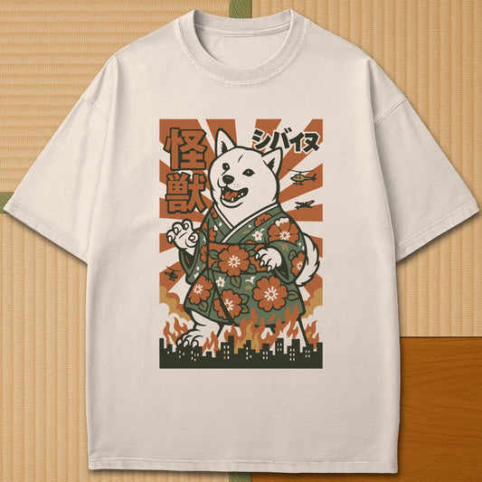 Japanese-inspired cotton Kimono Kaiju Shiba T-Shirt in Ivory on Comfort Colors 1717, styled in a modern flatlay scene.