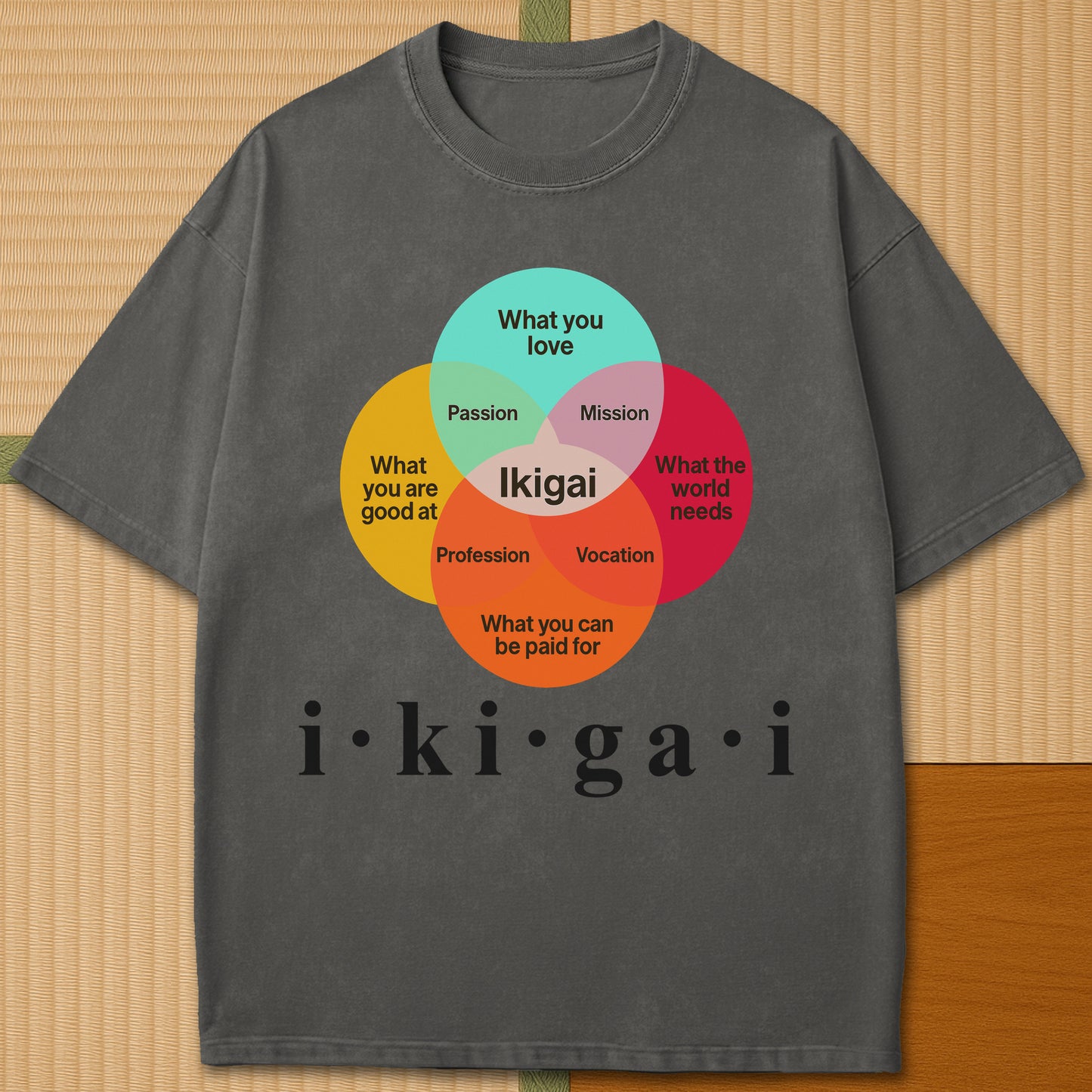 Japanese-inspired cotton Heart Of Ikigai T-Shirt in Pepper on Comfort Colors 1717, styled in a modern flatlay scene.