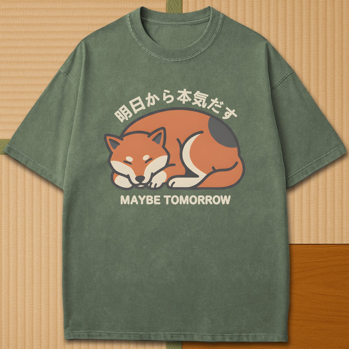 Japanese-inspired cotton Maybe Tomorrow Shiba Inu T-Shirt in Moss on Comfort Colors 1717, styled in a modern flatlay scene.