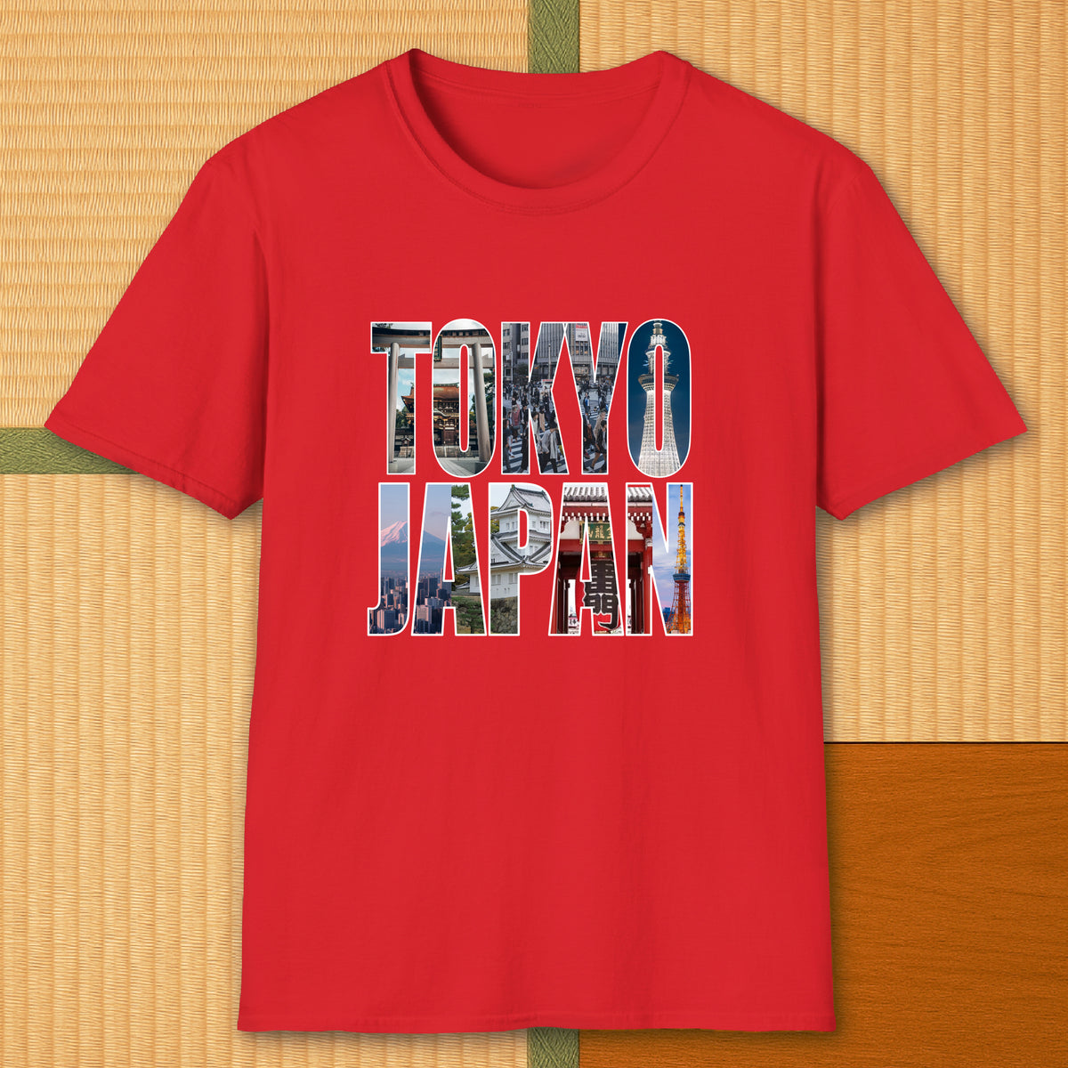 Japanese-inspired cotton Tokyo T-Shirt in Red on Gildan 64000, styled in a modern flatlay scene