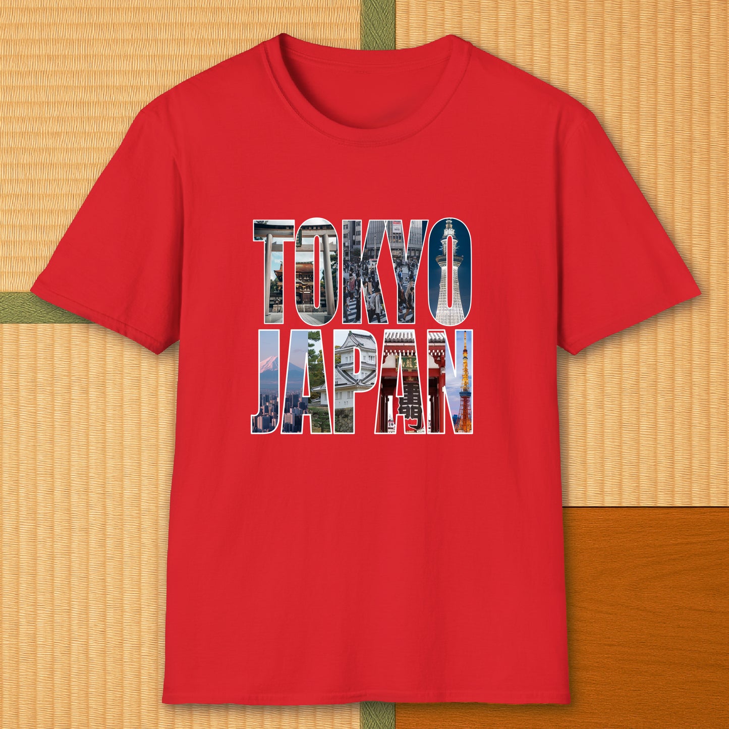 Japanese-inspired cotton Tokyo T-Shirt in Red on Gildan 64000, styled in a modern flatlay scene