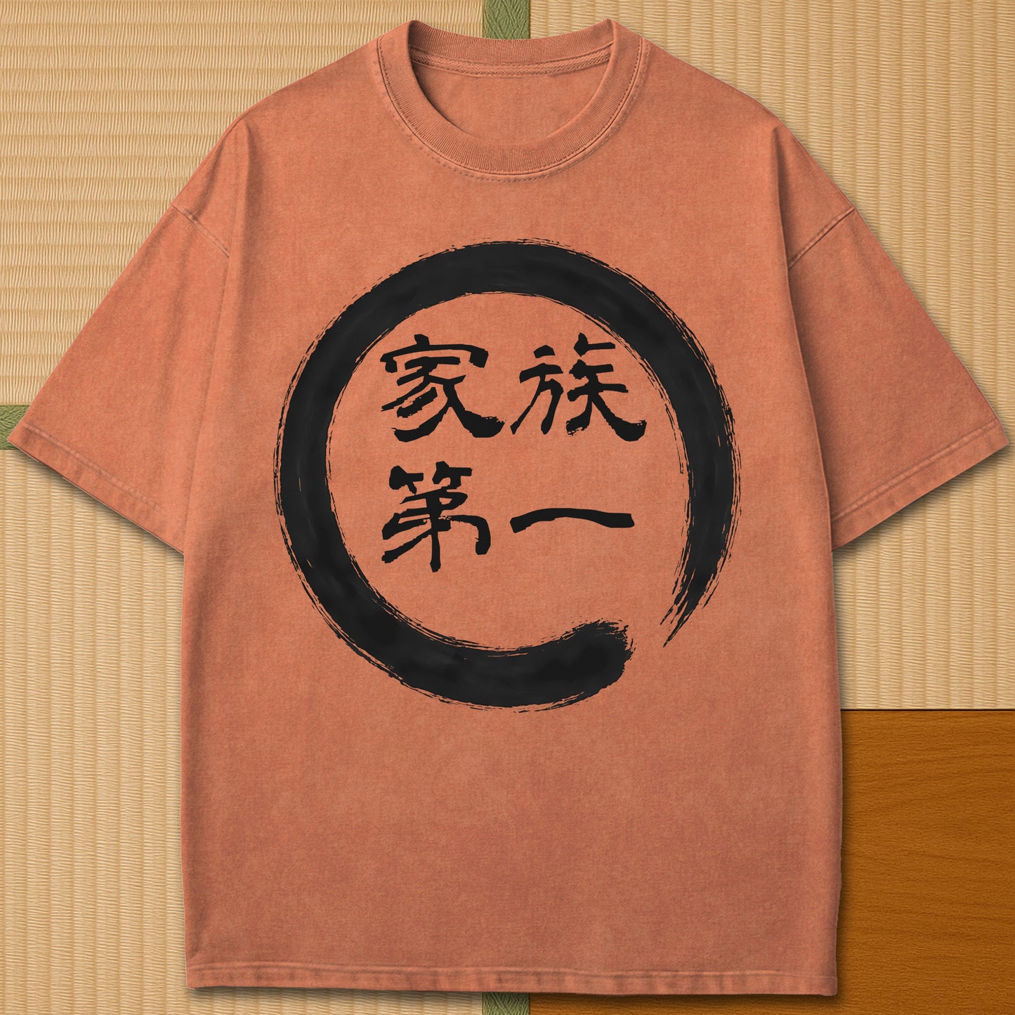 Japanese-inspired cotton Family First In Japanese T-Shirt in Yam on Comfort Colors 1717, styled in a modern flatlay scene.