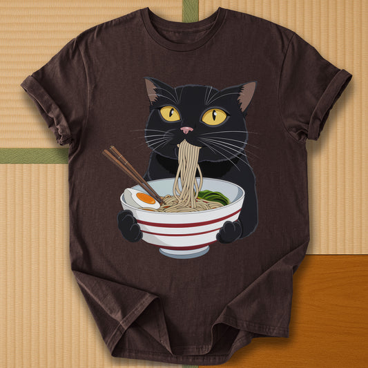 Japanese-inspired cotton Cat Eats Ramen T-Shirt in Dark Chocolate on Gildan 64000, styled in a modern flatlay scene