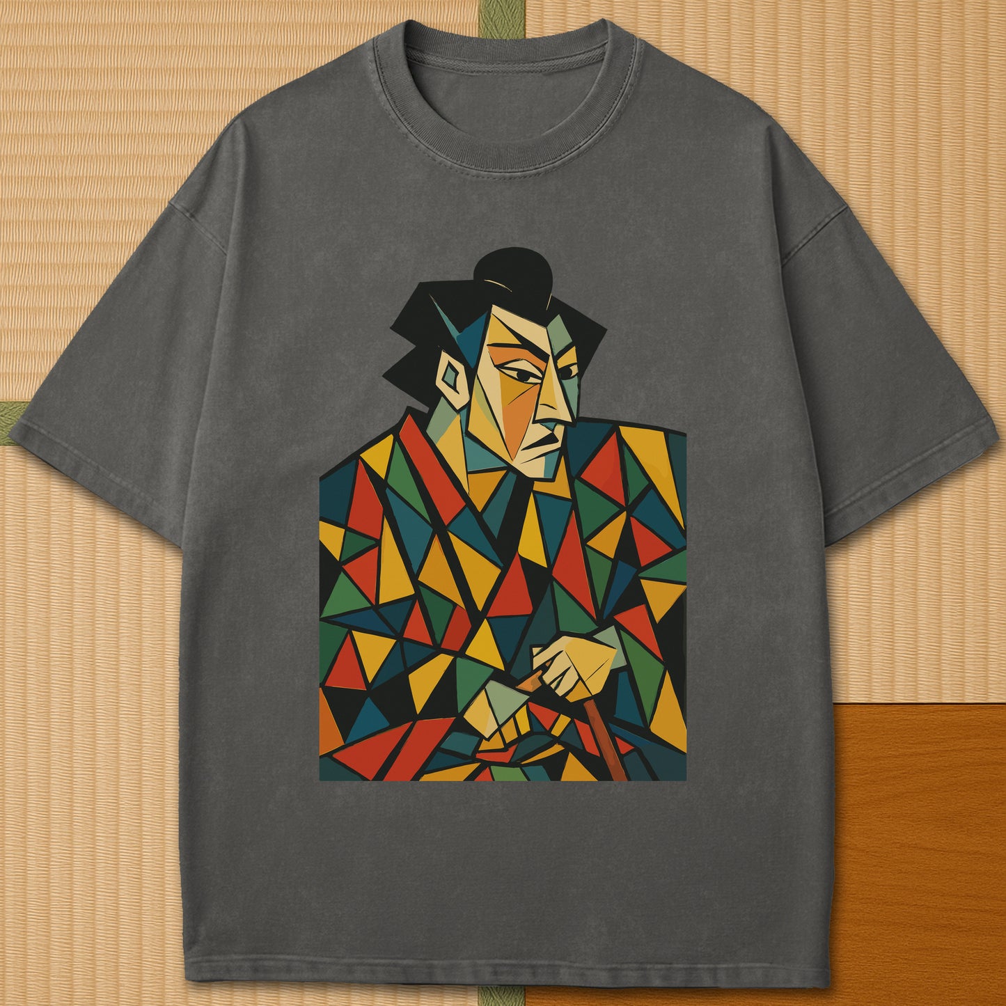 Japanese-inspired cotton Abstract Cubist Kabuki Samurai T-Shirt in Pepper on Comfort Colors 1717, styled in a modern flatlay scene.