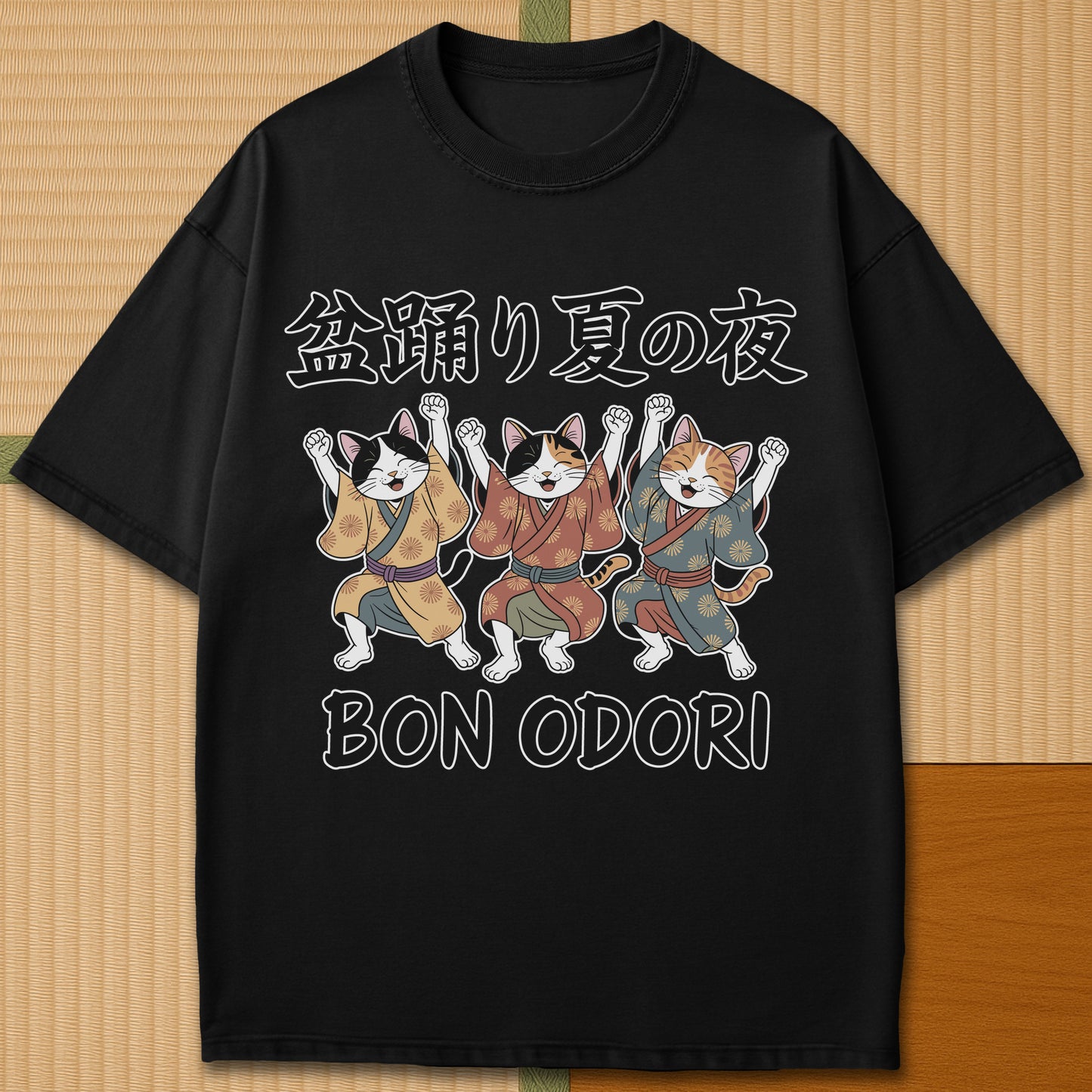 Japanese-inspired cotton Summer Night Bon Odori Cats T-Shirt in Black on Comfort Colors 1717, styled in a modern flatlay scene.