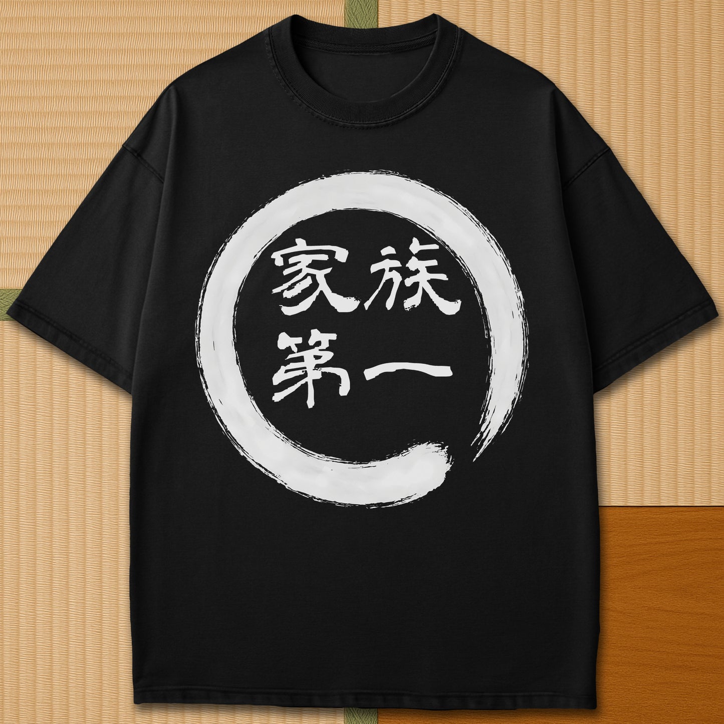 Japanese-inspired cotton Family First In Japanese T-Shirt in Black on Comfort Colors 1717, styled in a modern flatlay scene.