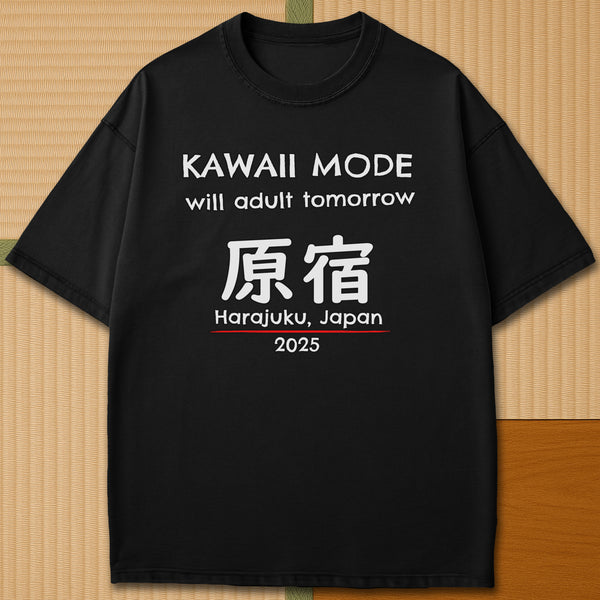 Japanese-inspired cotton Kawaii Harajuku T-Shirt in Black on Comfort Colors 1717, styled in a modern flatlay scene.