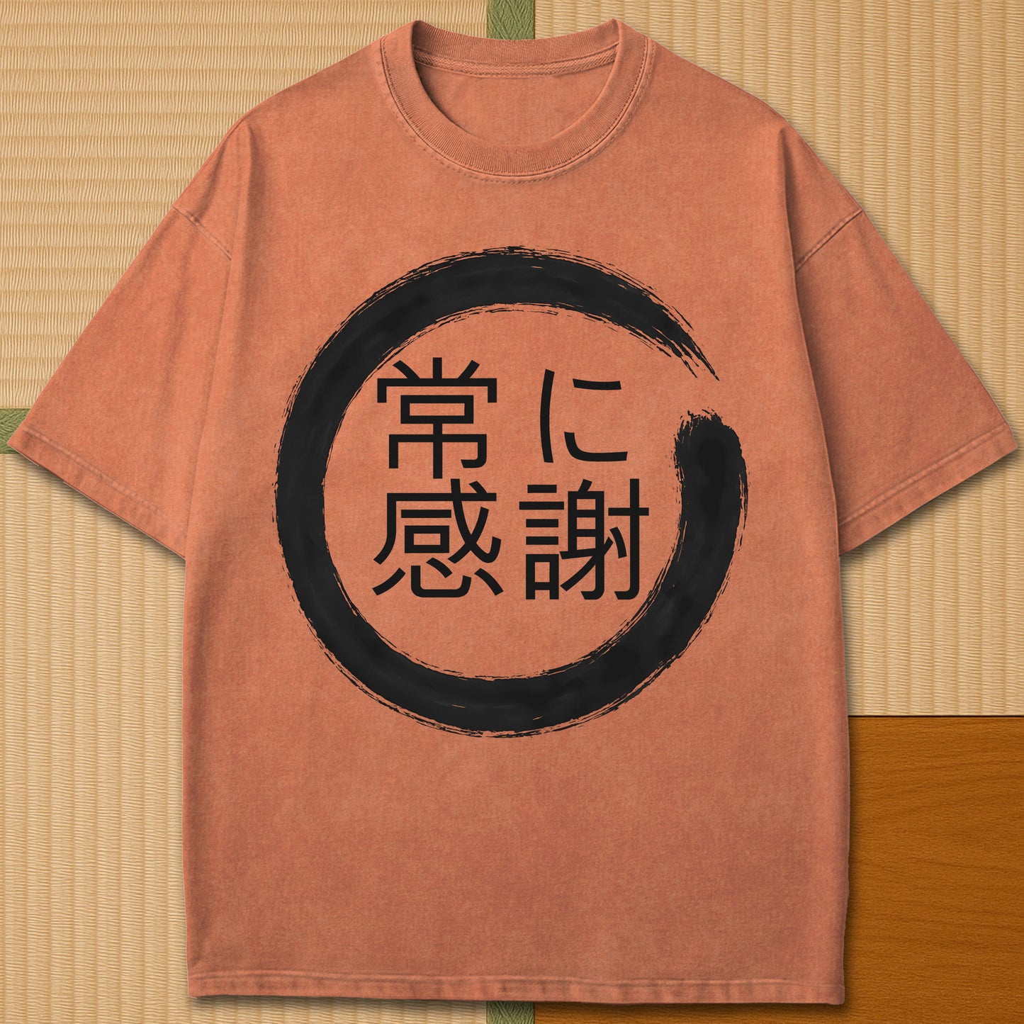 Japanese-inspired cotton Always Thankful T-Shirt in Yam on Comfort Colors 1717, styled in a modern flatlay scene.