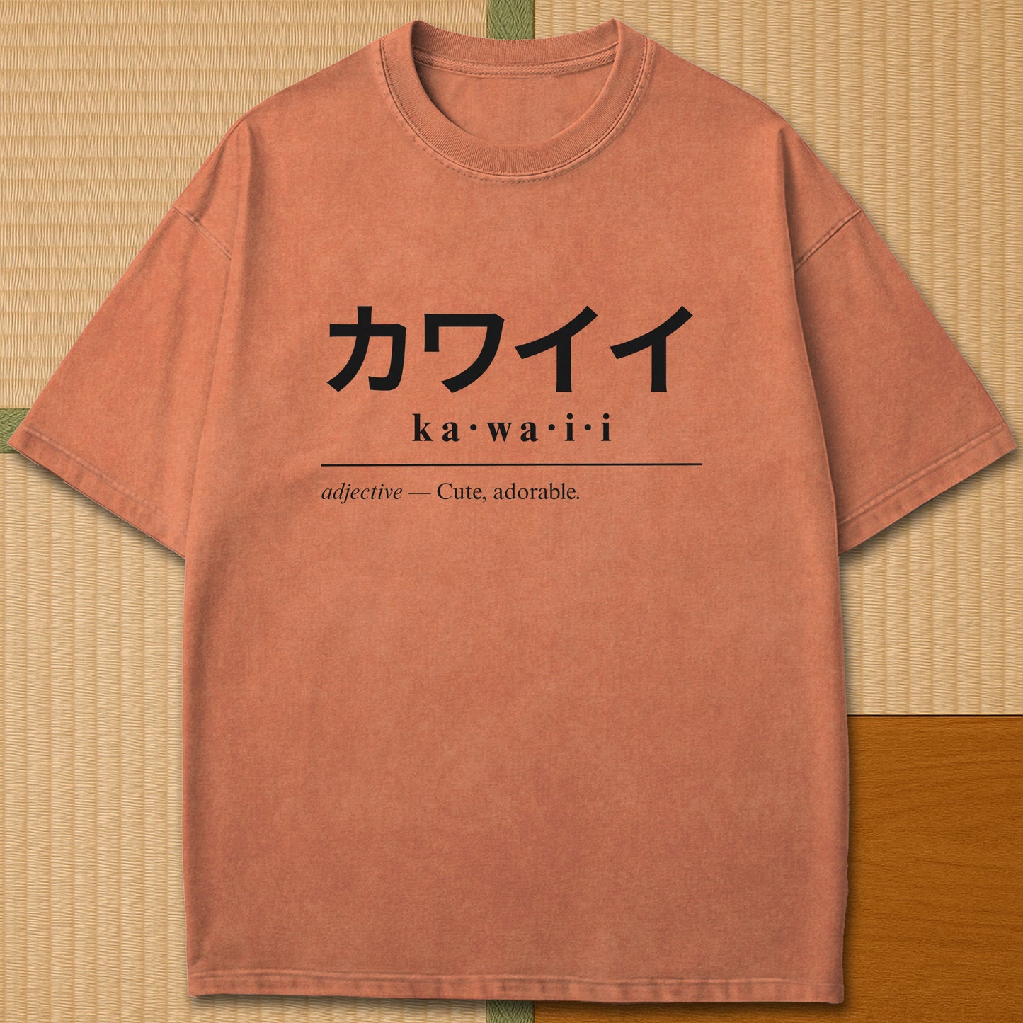Japanese-inspired cotton Kawaii Japanese Dictionary T-Shirt in Yam on Comfort Colors 1717, styled in a modern flatlay scene.
