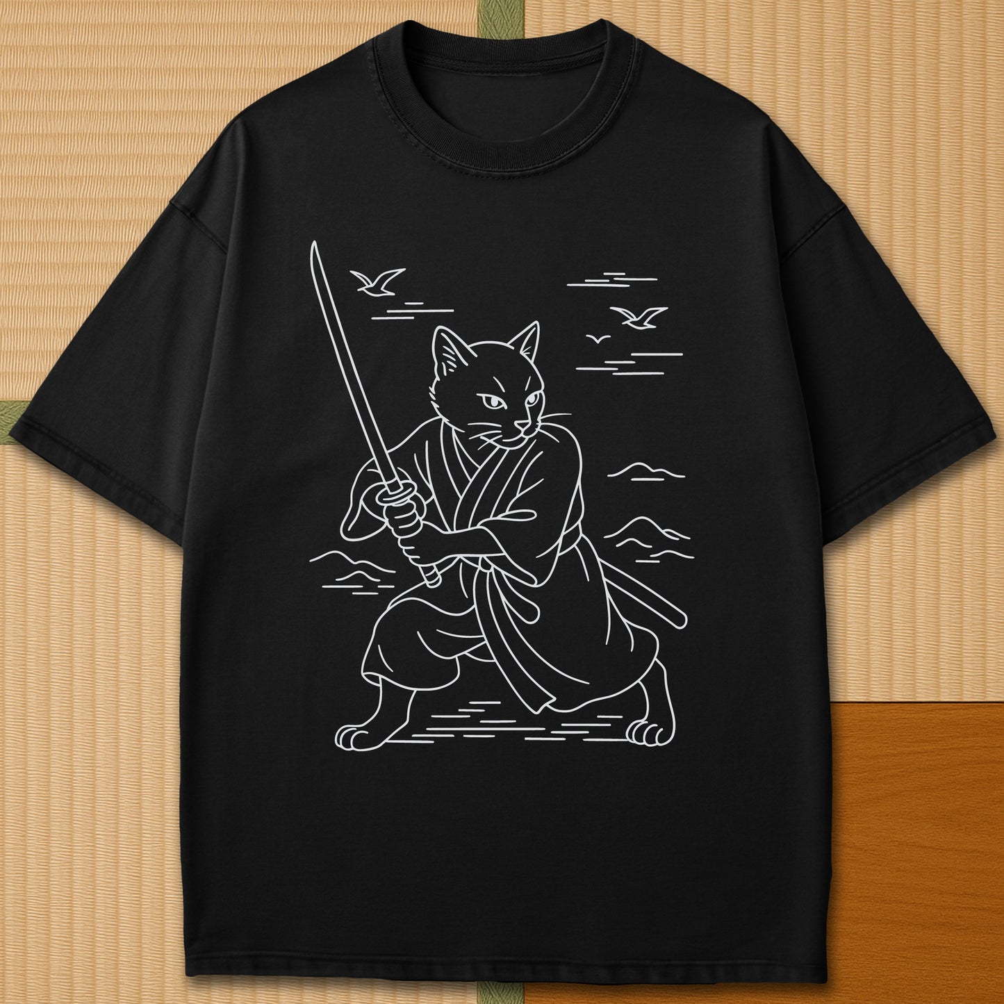 Japanese-inspired cotton Samurai Spirit Cat T-Shirt in Black on Comfort Colors 1717, styled in a modern flatlay scene.