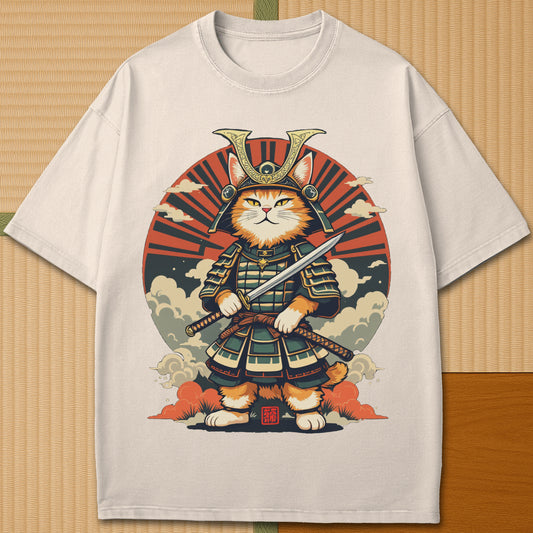 Japanese-inspired cotton Handsome Cat Samurai T-Shirt in Ivory on Comfort Colors 1717, styled in a modern flatlay scene.