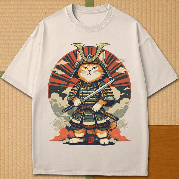 Japanese-inspired cotton Handsome Cat Samurai T-Shirt in Ivory on Comfort Colors 1717, styled in a modern flatlay scene.