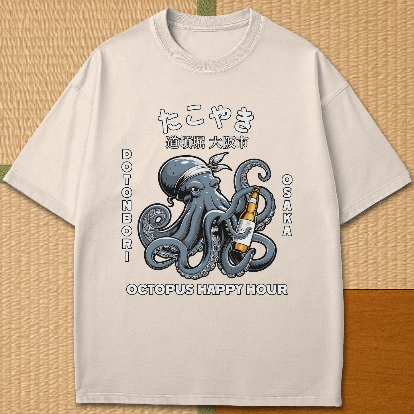Japanese-inspired cotton Dotonbori Takoyaki T-Shirt in Ivory on Comfort Colors 1717, styled in a modern flatlay scene.