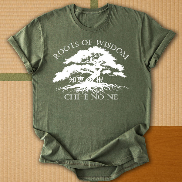 Japanese-inspired cotton Roots of Wisdom T-Shirt in Military Green on Gildan 64000, styled in a modern flatlay scene