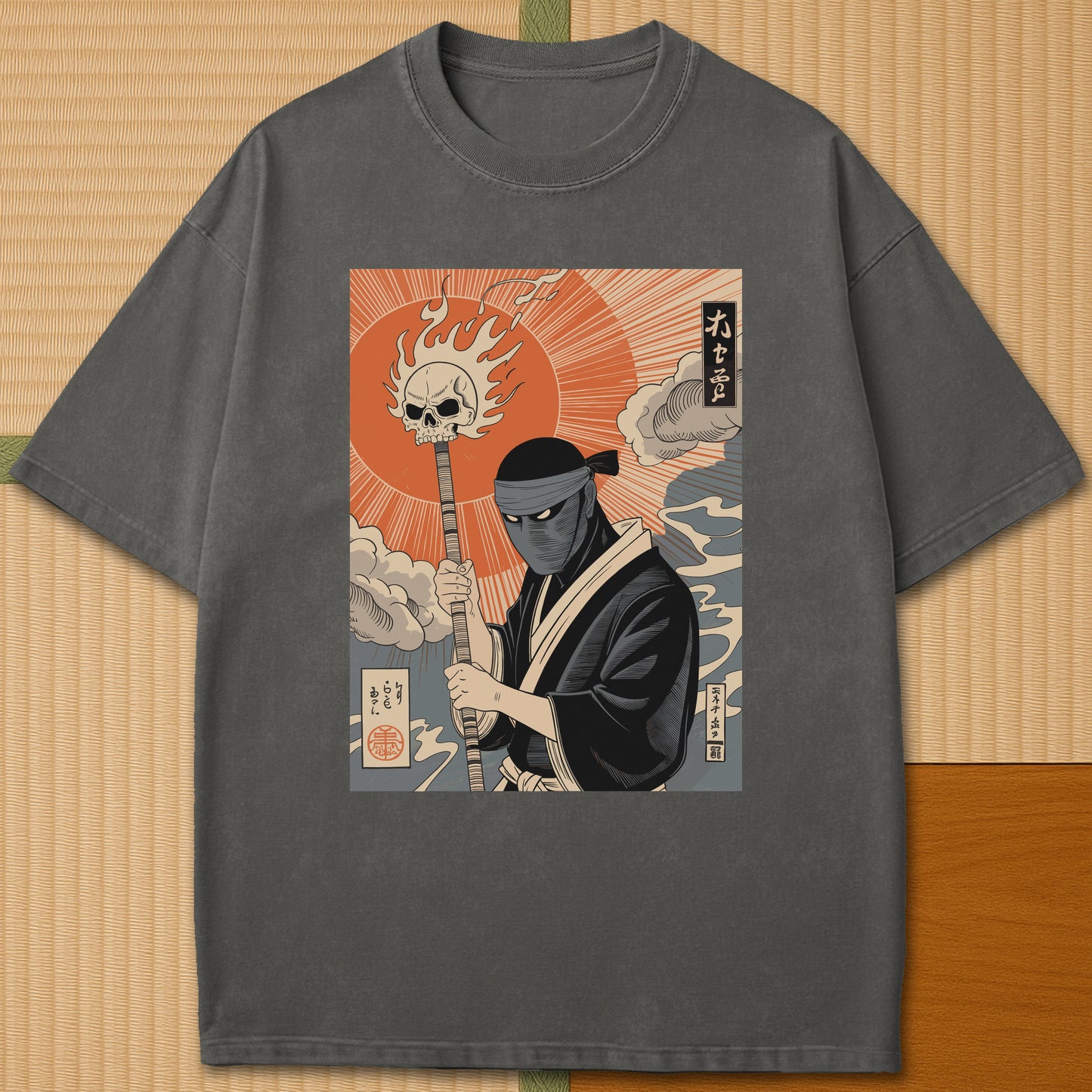 Japanese-inspired cotton Burnt Sun Ninja Vintage Japanese Folklore T-Shirt in Pepper on Comfort Colors 1717, styled in a modern flatlay scene.
