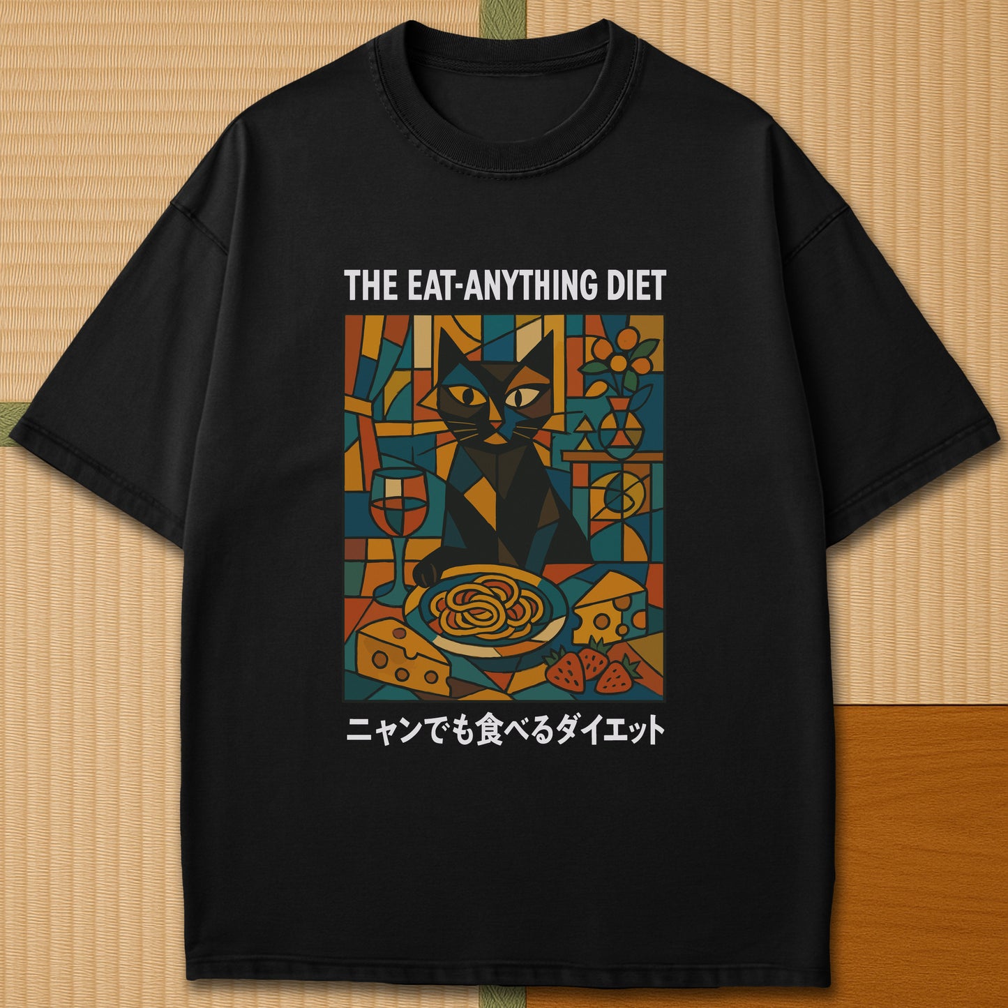Japanese-inspired cotton Nyan Diet Club T-Shirt in Black on Comfort Colors 1717, styled in a modern flatlay scene.