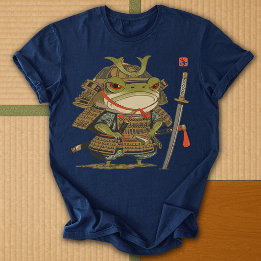 Japanese-inspired cotton Anime Frog Samurai T-Shirt in Navy on Gildan 64000, styled in a modern flatlay scene