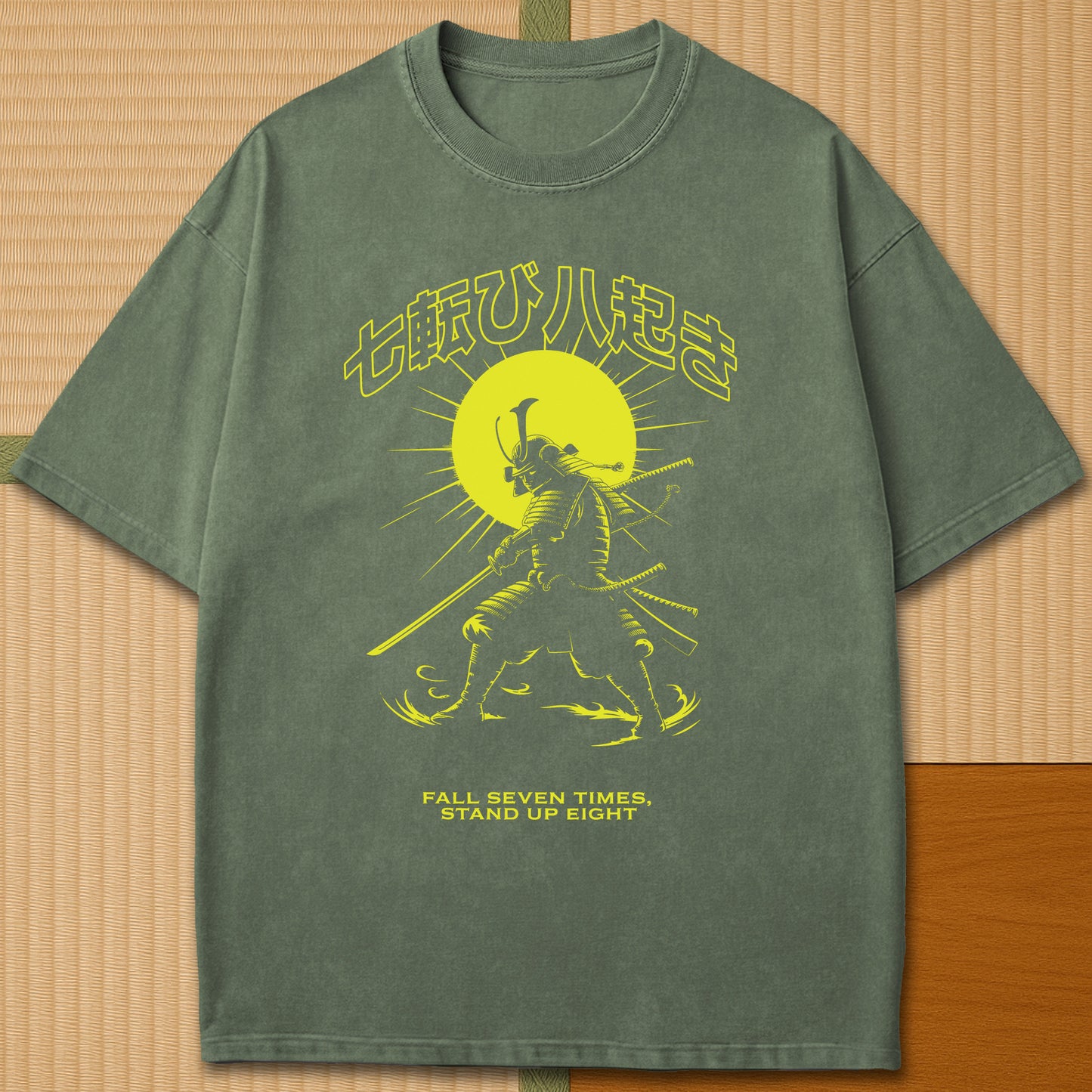 Japanese-inspired cotton Bushido Resilience T-Shirt in Moss on Comfort Colors 1717, styled in a modern flatlay scene.