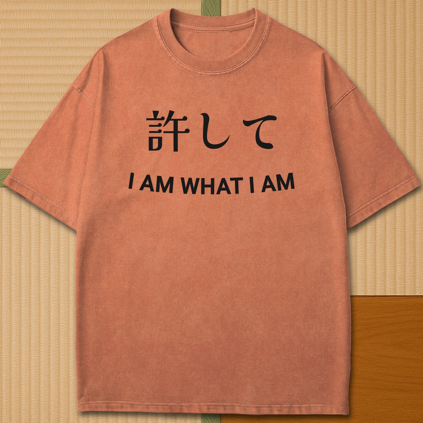 Japanese-inspired cotton Forgive Me In Japanese T-Shirt in Yam on Comfort Colors 1717, styled in a modern flatlay scene.