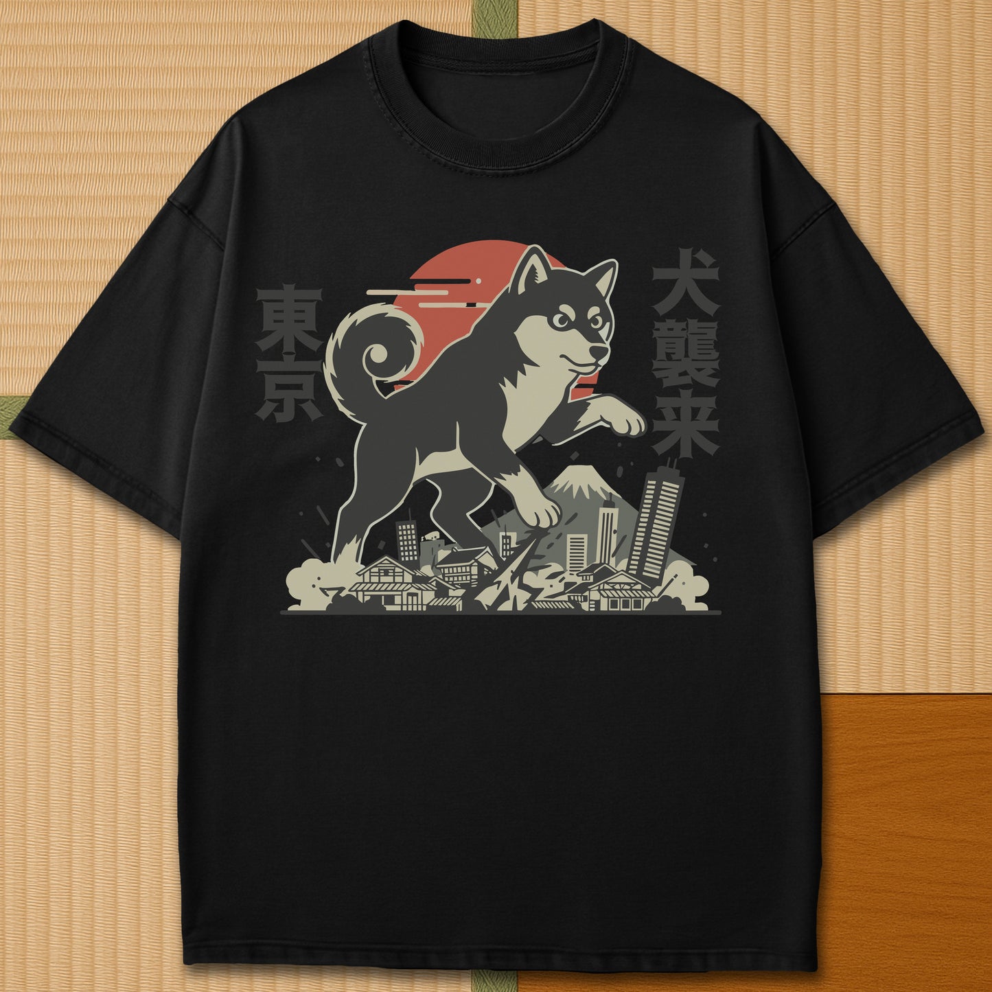 Japanese-inspired cotton Terror Dog Invades Tokyo T-Shirt in Black on Comfort Colors 1717, styled in a modern flatlay scene.