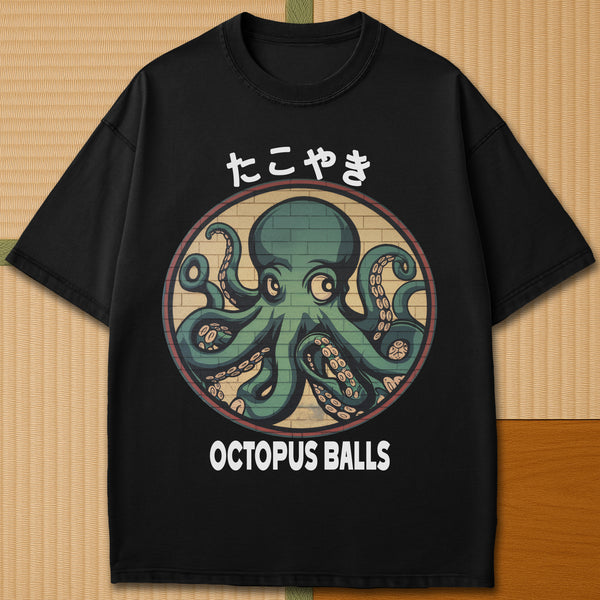 Japanese-inspired cotton Octopus Balls T-Shirt in Black on Comfort Colors 1717, styled in a modern flatlay scene.
