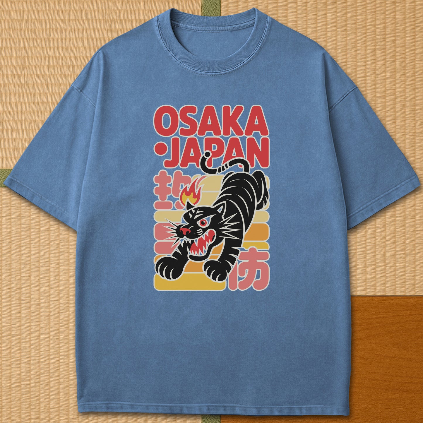 Japanese-inspired cotton Osaka Fire Tiger T-Shirt in Blue Jean on Comfort Colors 1717, styled in a modern flatlay scene.
