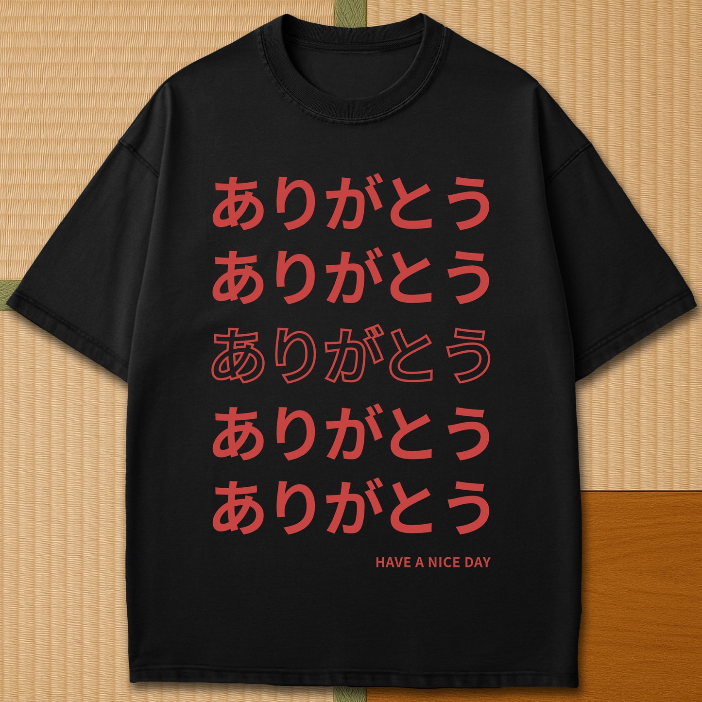 Japanese-inspired cotton Echoes Of Thank You T-Shirt in Black on Comfort Colors 1717, styled in a modern flatlay scene.