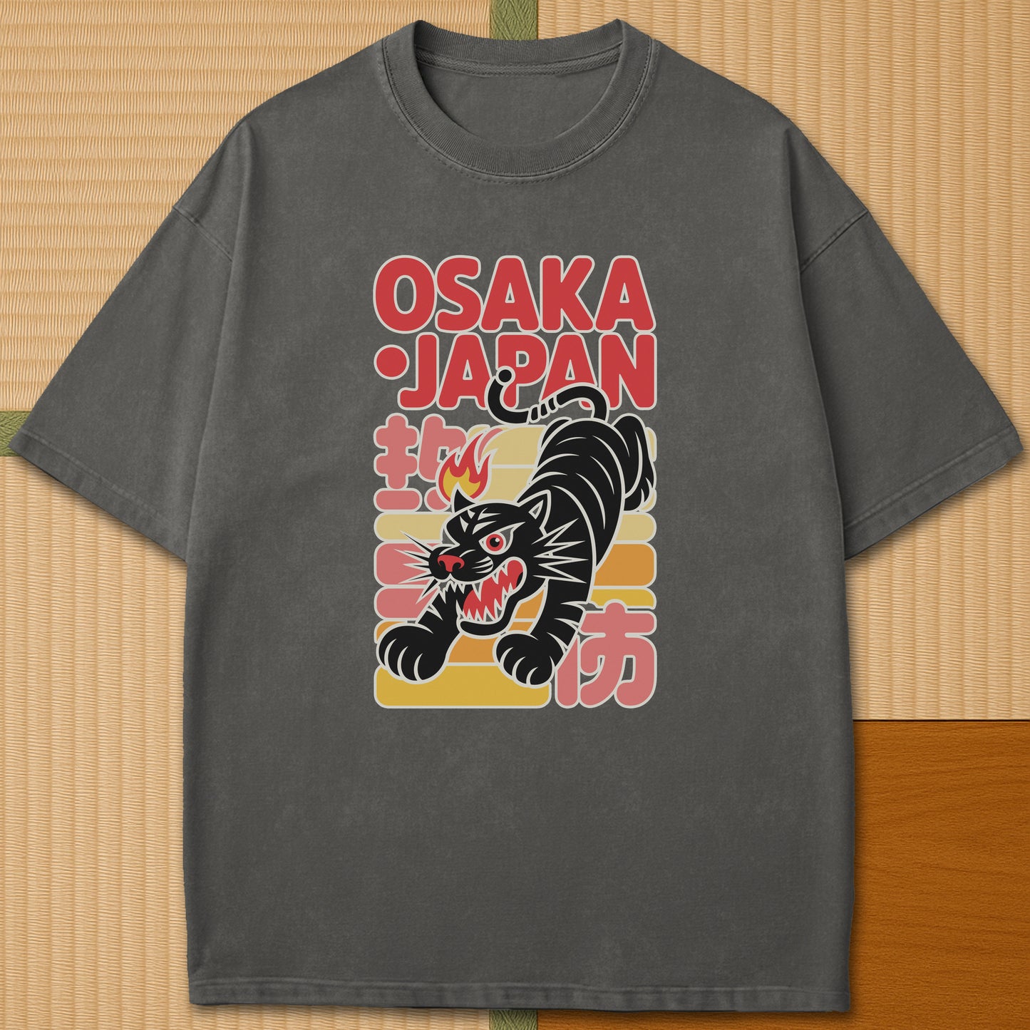 Japanese-inspired cotton Osaka Fire Tiger T-Shirt in Pepper on Comfort Colors 1717, styled in a modern flatlay scene.