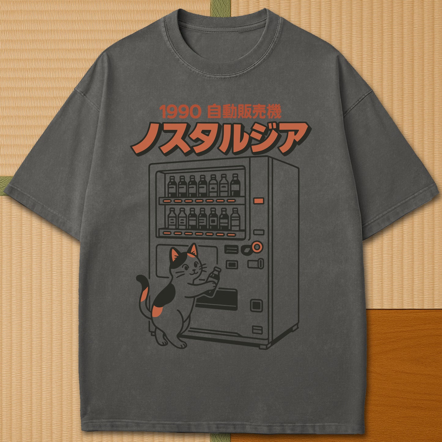 Japanese-inspired cotton Neko Nostalgia T-Shirt in Pepper on Comfort Colors 1717, styled in a modern flatlay scene.