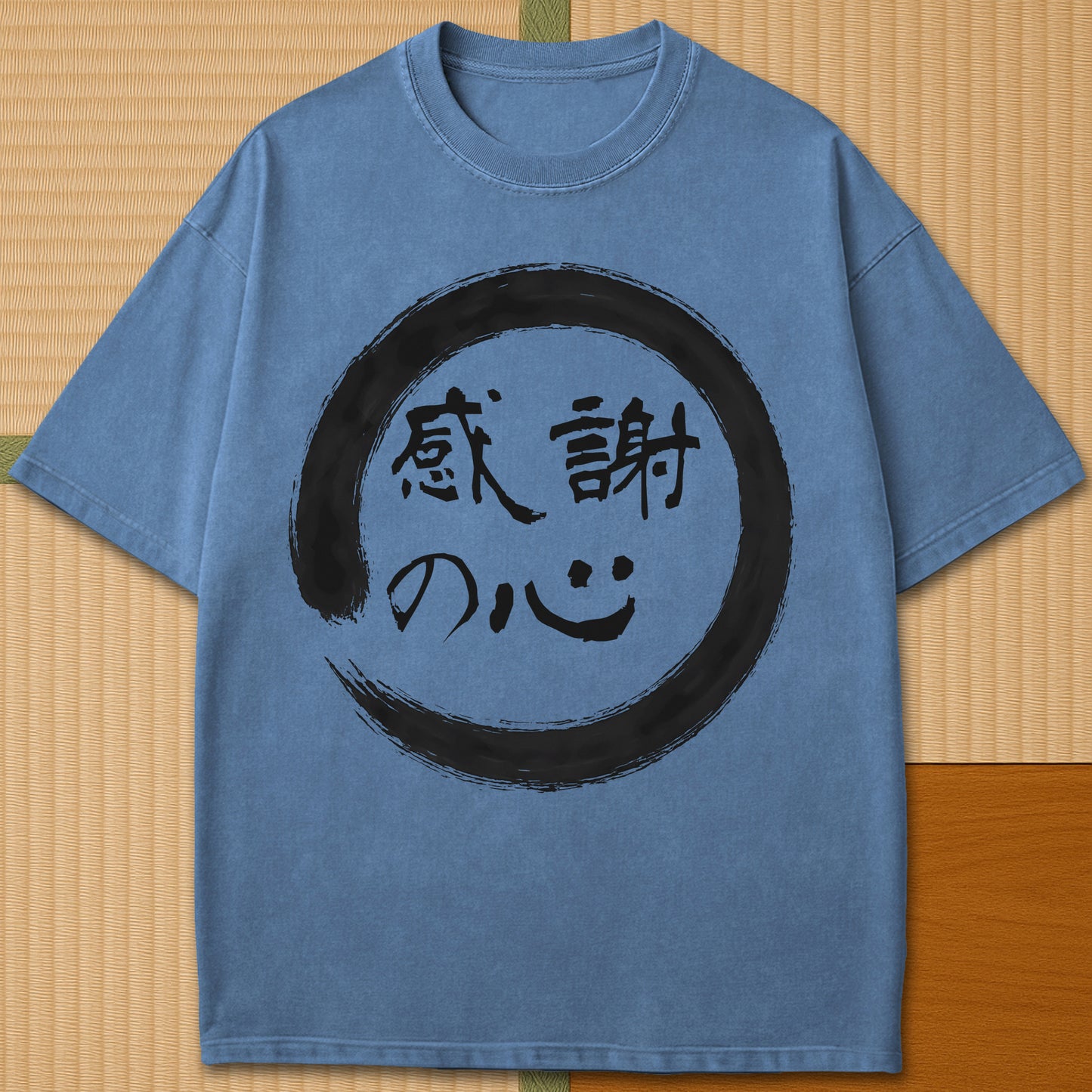 Japanese-inspired cotton Thankful Heart T-Shirt in Blue Jean on Comfort Colors 1717, styled in a modern flatlay scene.