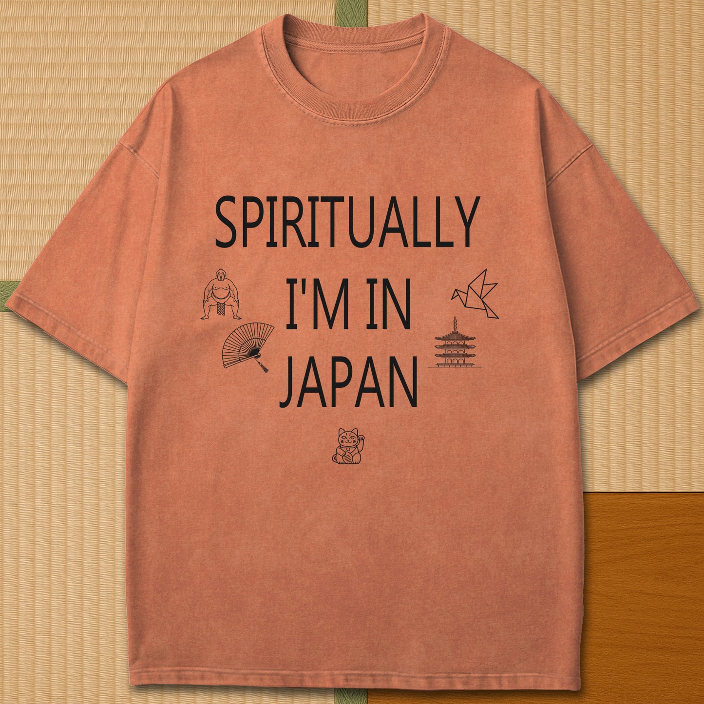 Japanese-inspired cotton Spiritually In Japan T-Shirt in Yam on Comfort Colors 1717, styled in a modern flatlay scene.