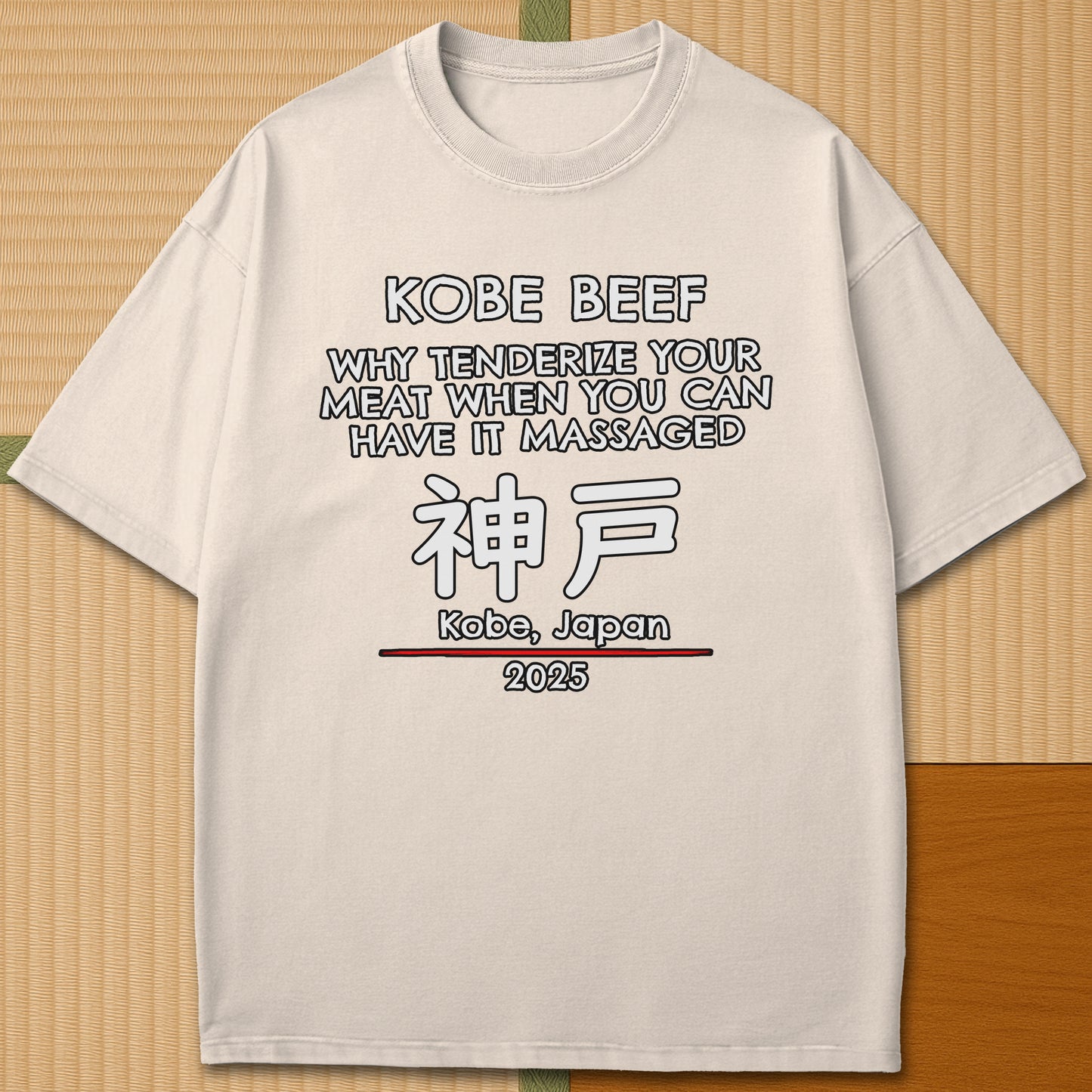 Japanese-inspired cotton Kobe Beef T-Shirt in Ivory on Comfort Colors 1717, styled in a modern flatlay scene.