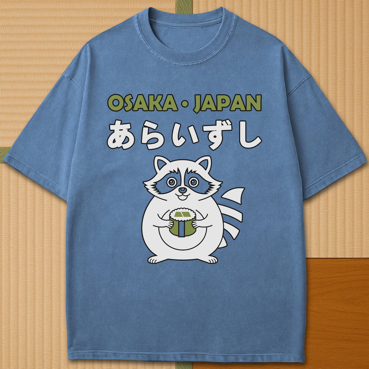 Japanese-inspired cotton Arai Zushi Osaka T-Shirt in Blue Jean on Comfort Colors 1717, styled in a modern flatlay scene.