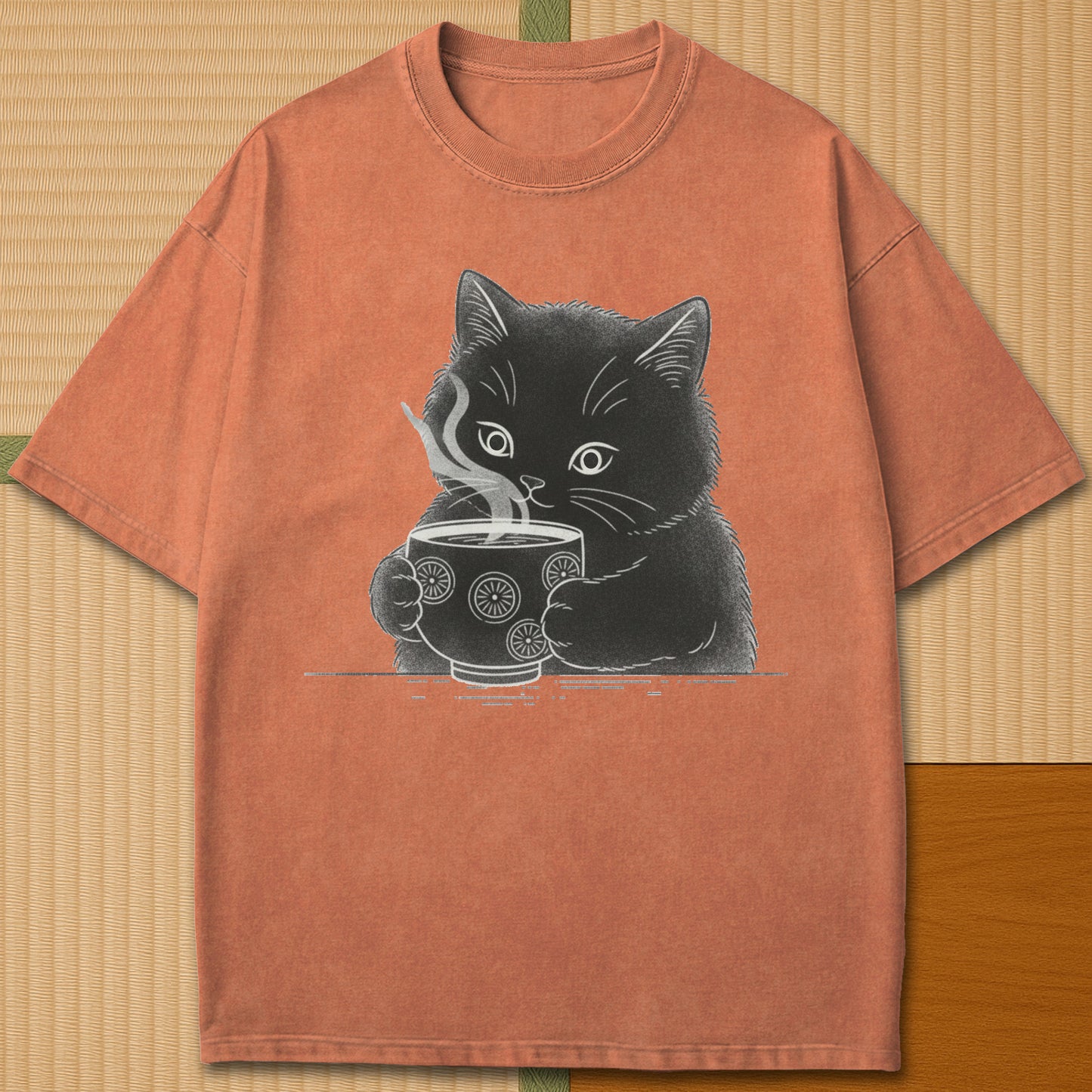 Japanese-inspired cotton Kitten Paws Tea Time T-Shirt in Yam on Comfort Colors 1717, styled in a modern flatlay scene.